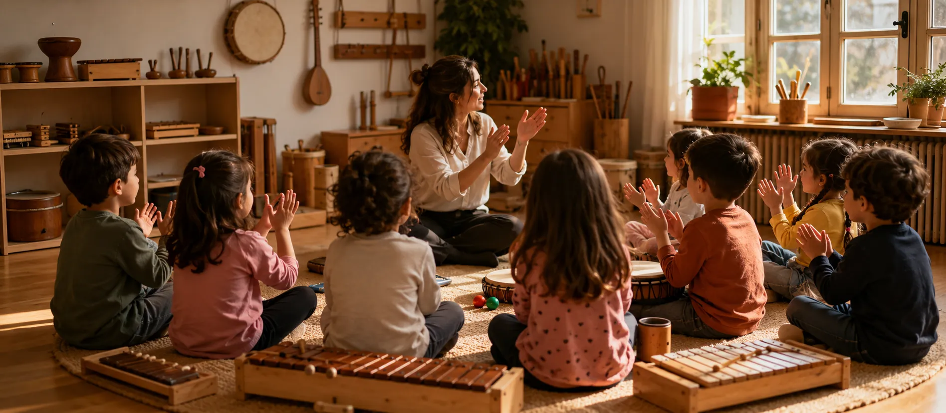 Orff çalgılarıyla ritim çalışan çocuklar